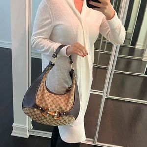 AUTHENTIC GUCCI Beige BROWN Leather Canvas and Leather Horsebit Bamboo Hoboo bag